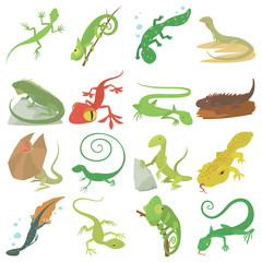 Lizard type animals icons set, cartoon style