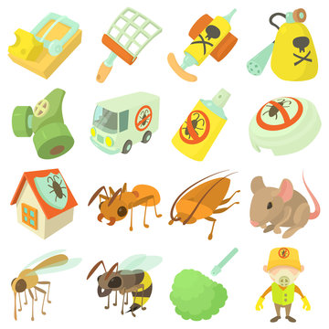 Pest control terminate icons set, cartoon style