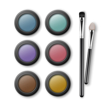 Vector Set of MultiColored Light Blue Pink Brown Violet Yellow Turquoise Ocher Eye Shadows in Round Black Transparent Plastic Case with Makeup Brushes Applicators Top View Isolated on White Background