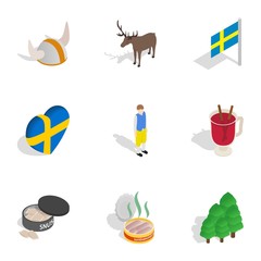 Symbols of Sweden icons set, isometric 3d style
