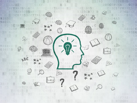 Learning concept: Head With Lightbulb on Digital Data Paper background