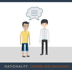 two people of different nationalities talking / Chinese and Malaysian are speaking / Flat illustration with bubbles of talk