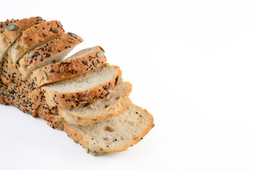 Bread with sesame,Sunflower seeds, peanuts on isolated white bac