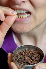 Woman chew dried clove spice