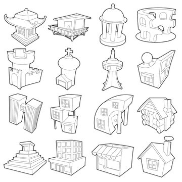 Different architecture icons set, outline style