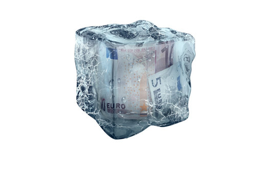 Frozen Euro EUR money in ice cube, isolate on a white background