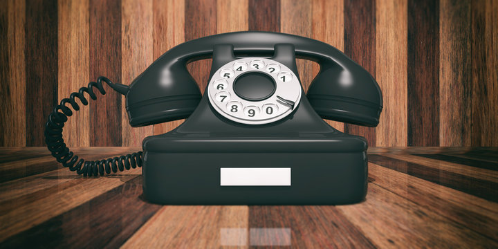 Black old telephone on wooden background. 3d illustration