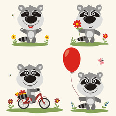 Vector set funny raccoon plays on meadow. Collection isolated raccoon on bicycle, with balloon and flower in cartoon style.
