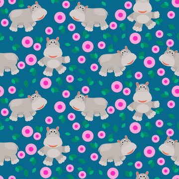 Hippos cartoon vector seamless pattern. Savannah wild zoo animal blue background with pink flowers.