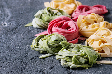 Colored fresh homemade pasta tagliatelle