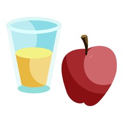 Glass of drink and red apple icon, cartoon style