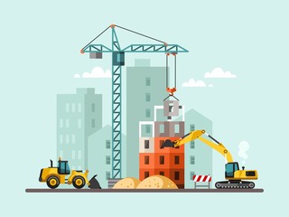 Building work process with houses and construction machines. Vector illustration.