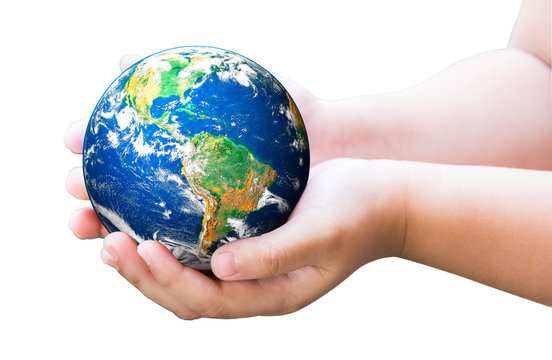 Hand carefully holding planet Earth. Earth globe image provided by NASA