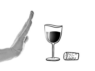 Black and white image of a hand drawing and a glass of wine on the isolated background