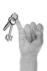 Black and white image of a hand and drawing keys on an isolated background