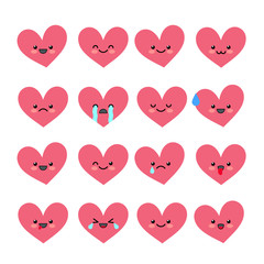 Cute heart emoticons set. Various emotions of the character. Collections Valentine s avatar icons. Vector illustration.