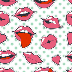 Glamorous quirky seamless background. Vector illustration for fashion design. Bright pink makeup kiss mark. Passionate lips in cartoon style of the 80-s and 90-s isolated on with polka dots.