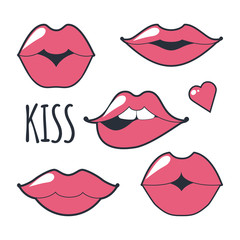 Different women s lips vector icon set isolated from white background. Red lips close up girls. Shape sending a kiss, kissing lips.