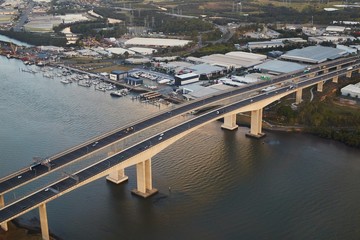 Highway bridge over river, aerial view