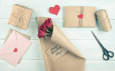 Valentine day theme. Top view of workplace for preparing handmad