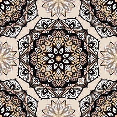 Seamless ethnic pattern with floral motives. Mandala stylized print template for fabric and paper. Indian or Arabic motive. Boho festival style.
