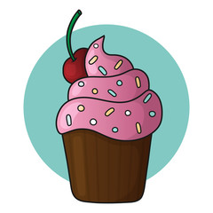 Vector icon sweet pink cake with a cherry.