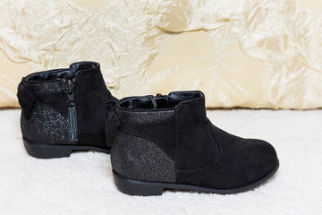 New Sparkly Velvet Black Warm Children Boots for autumn-winter with bow