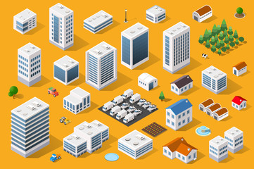 Cityscape design elements with isometric building city map generator. 3D flat icon set. Isolated collection elements for creating your perfect road, park, transport, trees, infrastructure, industrial