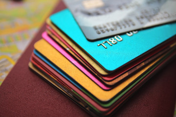 credit cards, close up view with selective focus