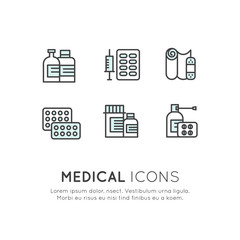 Vector Icon Style Illustration Logo Set Collection of Different Kinds of Medical, Cure, Treatment, Meds, Pills, Liquid Spray, Isolared Web Pictures