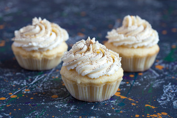 Homemade vanilla cupcakes with lemon cream cap on a dark background. Selective focus.
