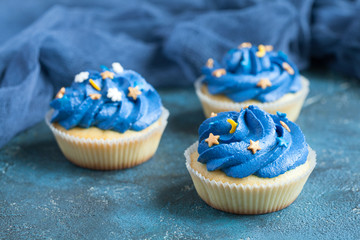 Homemade vanilla cupcakes with multicolor cream cap and berries on a dark blue background.