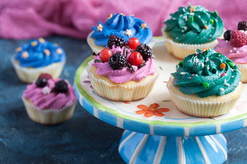 Homemade vanilla cupcakes with multicolor cream cap and berries on a dark blue background.