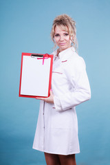 Female doctor with folder and pink ribbon