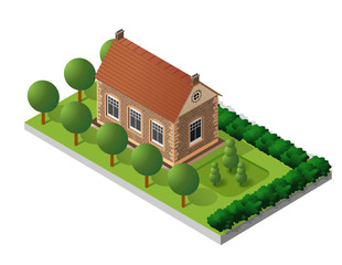Retro isometric country college house municipal infrastructure and city educational objects