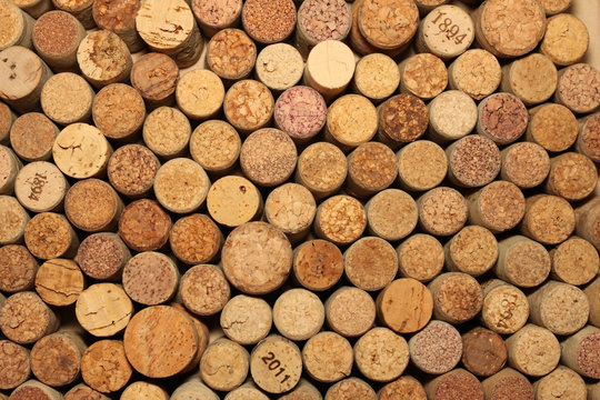 Closeup pattern background of many different wine corks, wine corks background,  different wine corks texture