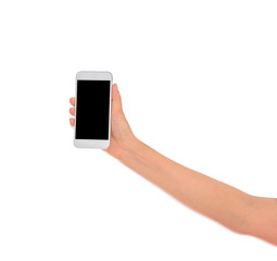 Woman Hand holding mobile smart phone with blank screen. Isolate