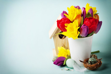 Spring flowers and easter eggs