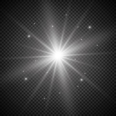 White glowing light burst explosion with transparent. Vector illustration for cool effect decoration with ray sparkles. Bright star. Transparent shine gradient glitter, bright flare. Glare texture.