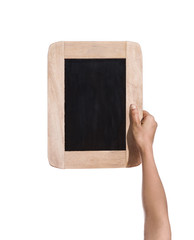 female hands holding slate board, blackboard isolated