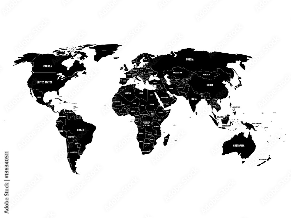 Canvas Prints black political world map with country borders and white state name labels. hand drawn simplified ve - Canvas Prints