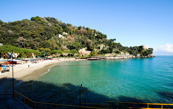 beach known as paraggi near portofino in genoa on a blue sky and sea background