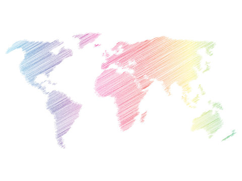 Pencil scribble sketch map of World. Hand doodle drawing. Vector illustration in rainbow spectre colors on white background.