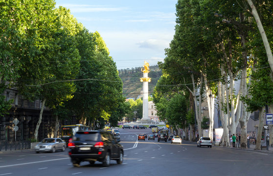Busy traffic at rush hour in the central avenu Tbilisi