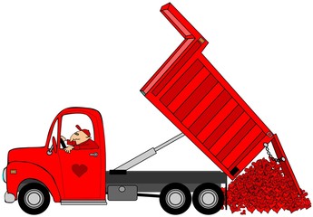 Illustration of a man in a truck dumping a load of Valentine hearts. © Dennis Cox