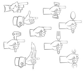 hand holding dollars , wrench, a spoon, a fork, a quill pen and the tool. It shows a finger forward. Silhouette