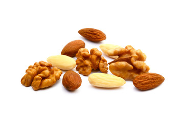 Almond and walnut isolated on white background