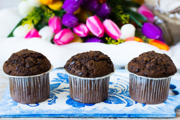 Three chocolate muffins on a background of tulips