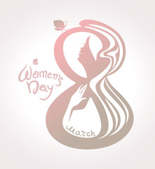 March 8. Woman with butterflies. Vector template pearl color. 