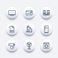 Appliances line icons set, household consumer electronics, tv, microwave oven, vacuum cleaner, kettle, hairdryer, fan, fridge, washing machine